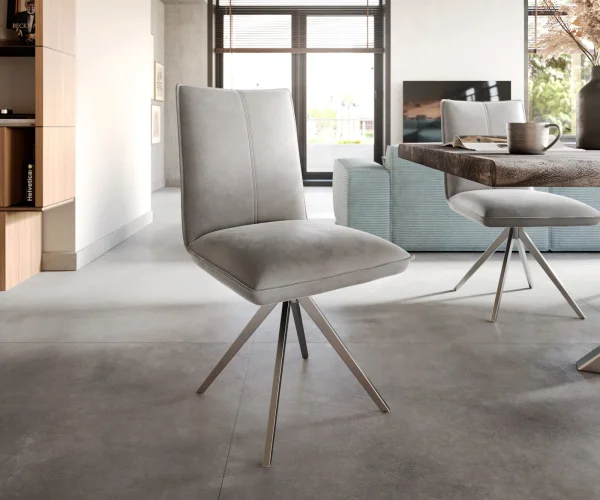 Chaise-de-salle-à-manger Lelio-Flex velours gris pied croisé large acier inoxydable brossé ressorts ensachés