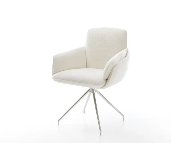 Chaise-de-salle-à-manger Luan-Flex avec accoudoirs bouclé doux beige pied croisé conique acier inoxydable