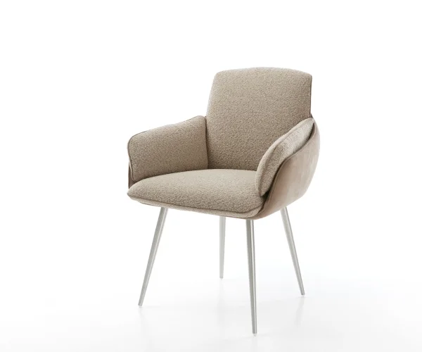 Chaise-de-salle-à-manger Luan-Flex avec accoudoirs tissu mixte couleur boue 4 pieds coniques acier inoxydable brossé