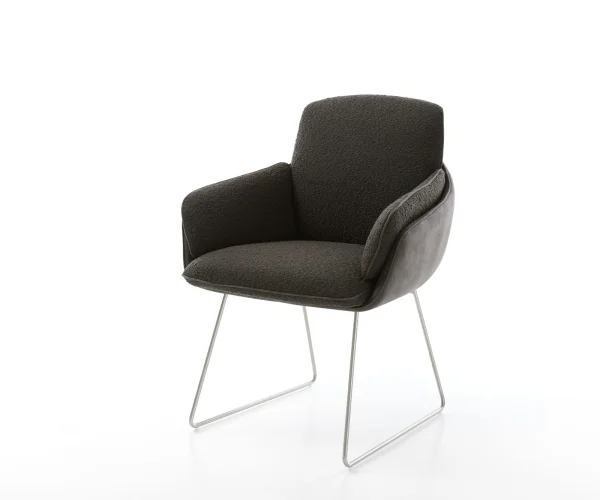Chaise-de-salle-à-manger Luan-Flex avec accoudoirs tissu mixte noir pied trapèze acier inoxydable brossé