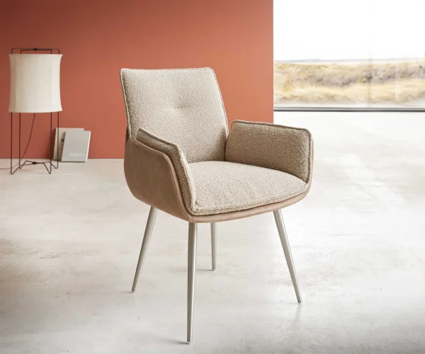 Chaise-de-salle-à-manger Nela-Flex tissu mixte couleur boue 4 pieds coniques acier inoxydable brossé