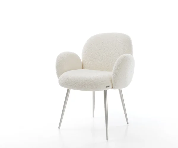 Chaise-de-salle-à-manger Nube-Flex avec accoudoirs bouclé blanc 4 pieds coniques acier inoxydable brossé ressorts ensachés