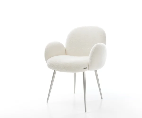 Chaise-de-salle-à-manger Nube-Flex avec accoudoirs bouclé doux beige 4 pieds coniques acier inoxydable resorts ensachés