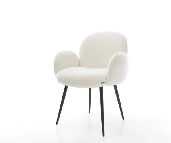 Chaise-de-salle-à-manger Nube-Flex avec accoudoirs bouclé doux beige 4 pieds coniques noir resorts ensachés