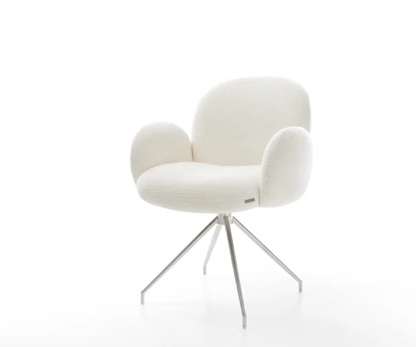 Chaise-de-salle-à-manger Nube-Flex avec accoudoirs bouclé doux beige pied croisé conique acier inoxydable resorts ensachés