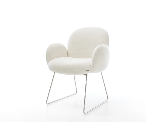 Chaise-de-salle-à-manger Nube-Flex avec accoudoirs bouclé doux beige pied trapèze acier inoxydable resorts ensachés