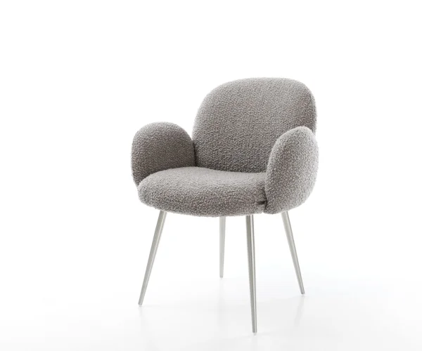 Chaise-de-salle-à-manger Nube-Flex avec accoudoirs bouclé gris argenté 4 pieds coniques acier inoxydable brossé ressorts ensachés