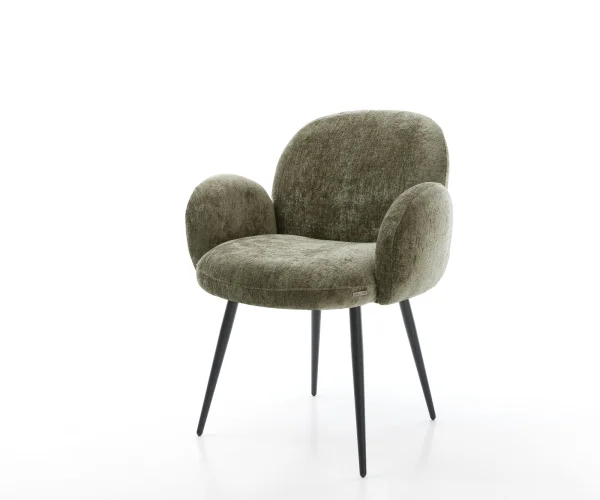Chaise-de-salle-à-manger Nube-Flex avec accoudoirs chenille olive 4 pieds coniques noir ressorts ensachés