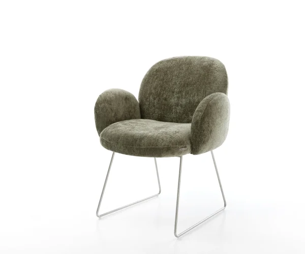 Chaise-de-salle-à-manger Nube-Flex avec accoudoirs chenille olive pied trapèze acier inoxydable brossé ressorts ensachés