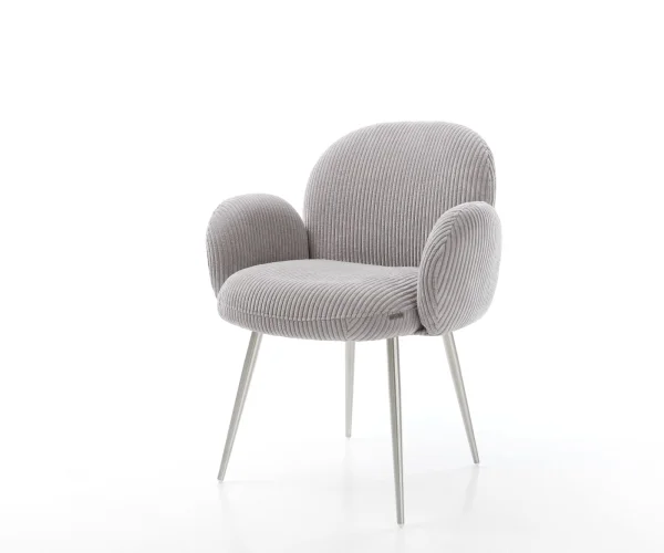 Chaise-de-salle-à-manger Nube-Flex avec accoudoirs côtelé gris argenté 4 pieds coniques acier inoxydable ressorts ensachés