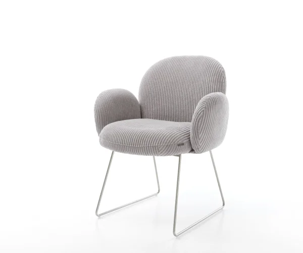 Chaise-de-salle-à-manger Nube-Flex avec accoudoirs côtelé gris argenté pied trapèze acier inoxydable ressorts ensachés