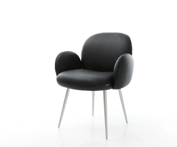 Chaise-de-salle-à-manger Nube-Flex avec accoudoirs cuir de vache noir 4 pieds coniques acier inoxydable ressorts ensachés