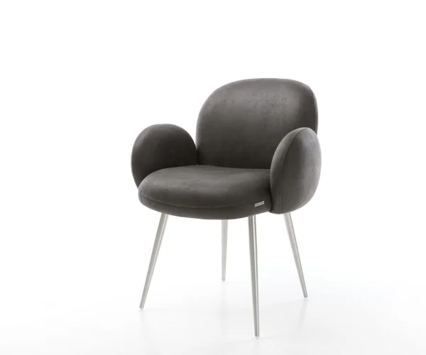 Chaise-de-salle-à-manger Nube-Flex avec accoudoirs microvelours anthracite vintage 4 pieds coniques acier inoxydable brossé ressorts ensachés