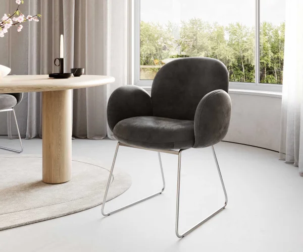 Chaise-de-salle-à-manger Nube-Flex avec accoudoirs microvelours anthracite vintage pied trapèze acier inoxydable brossé ressorts ensachés