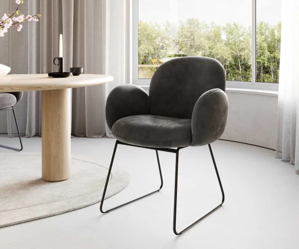 Chaise-de-salle-à-manger Nube-Flex avec accoudoirs microvelours anthracite vintage pied trapèze noir ressorts ensachés