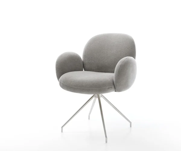 Chaise-de-salle-à-manger Nube-Flex avec accoudoirs tissu structuré doux gris pied croisé conique acier inoxydable resorts ensachés