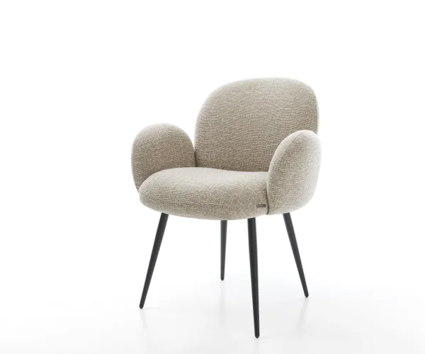 Chaise-de-salle-à-manger Nube-Flex avec accoudoirs tissu tissé doux beige 4 pieds coniques noir resorts ensachés