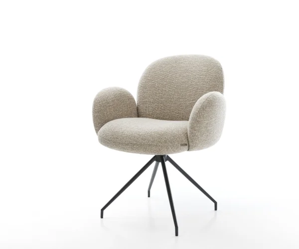 Chaise-de-salle-à-manger Nube-Flex avec accoudoirs tissu tissé doux beige pied croisé conique noir resorts ensachés