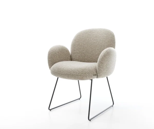 Chaise-de-salle-à-manger Nube-Flex avec accoudoirs tissu tissé doux beige pied trapèze noir resorts ensachés