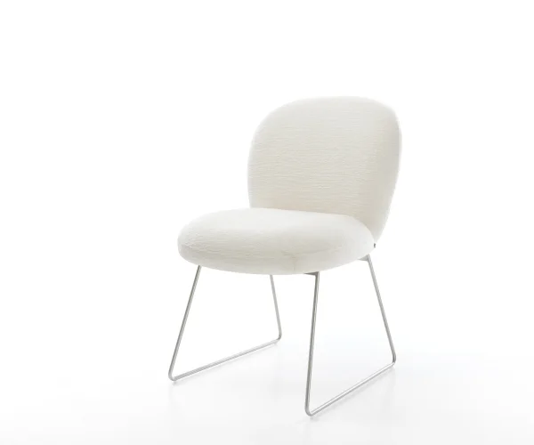 Chaise-de-salle-à-manger Nube-Flex bouclé doux beige pied trapèze acier inoxydable resorts ensachés