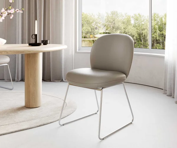 Chaise-de-salle-à-manger Nube-Flex cuir de vache couleur boue pied trapèze acier inoxydable brossé ressorts ensachés