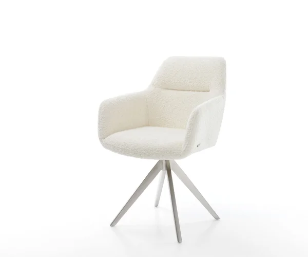Chaise-de-salle-à-manger Pejo-Flex bouclé blanc pied croisé angulaire acier inoxydable brossé ressorts ensachés