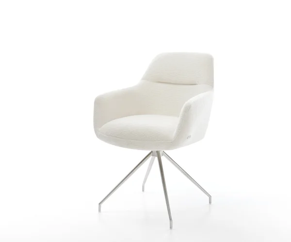 Chaise-de-salle-à-manger Pejo-Flex bouclé doux beige pied croisé conique acier inoxydable resorts ensachés