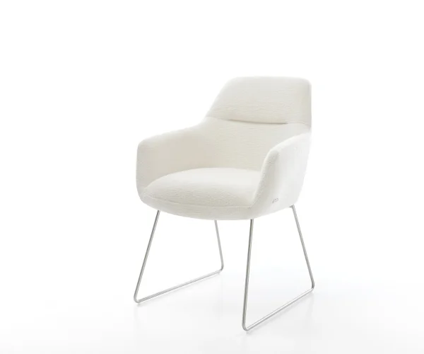 Chaise-de-salle-à-manger Pejo-Flex bouclé doux beige pied trapèze acier inoxydable resorts ensachés