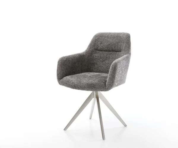Chaise-de-salle-à-manger Pejo-Flex bouclé gris pied croisé angulaire acier inoxydable brossé ressorts ensachés