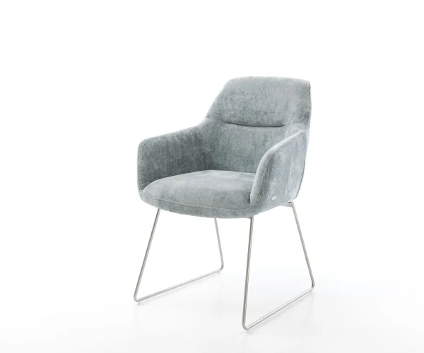 Chaise-de-salle-à-manger Pejo-Flex chenille bleu pastel pied trapèze acier inoxydable brossé ressorts ensachés