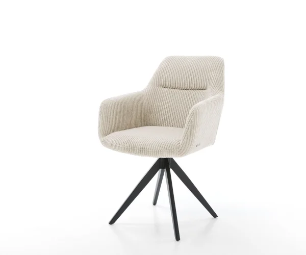 Chaise-de-salle-à-manger Pejo-Flex côtelé beige vintage pied croisé angulaire noir ressorts ensachés