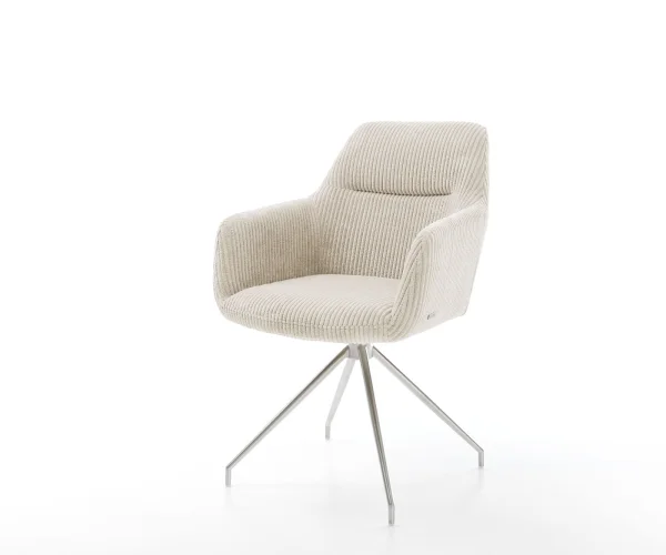 Chaise-de-salle-à-manger Pejo-Flex côtelé beige vintage pied croisé conique acier inoxydable brossé ressorts ensachés