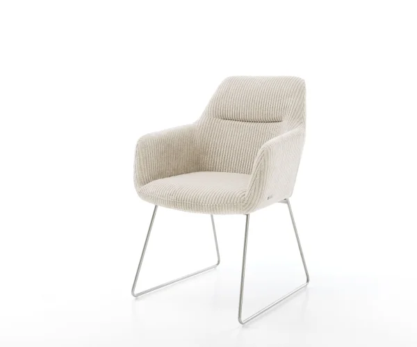 Chaise-de-salle-à-manger Pejo-Flex côtelé beige vintage pied trapèze acier inoxydable brossé ressorts ensachés