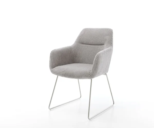 Chaise-de-salle-à-manger Pejo-Flex côtelé gris argenté pied trapèze acier inoxydable brossé ressorts ensachés