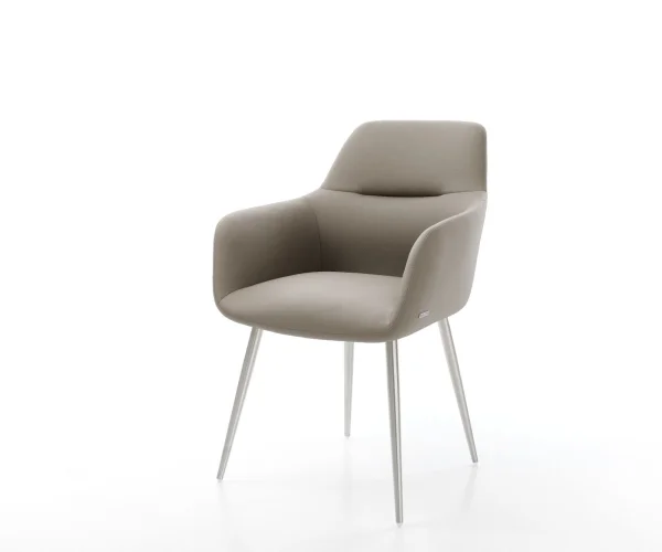 Chaise-de-salle-à-manger Pejo-Flex cuir de vache couleur boue 4 pieds coniques acier inoxydable brossé ressorts ensachés