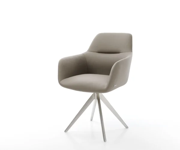 Chaise-de-salle-à-manger Pejo-Flex cuir de vache couleur boue pied croisé angulaire acier inoxydable brossé ressorts ensachés