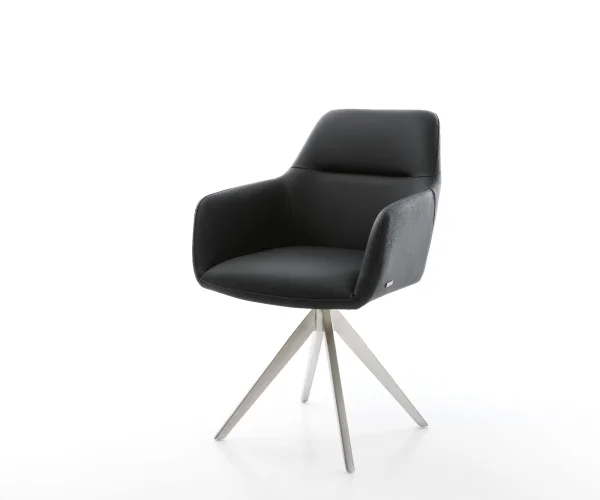 Chaise-de-salle-à-manger Pejo-Flex cuir de vache noir pied croisé angulaire acier inoxydable brossé ressorts ensachés