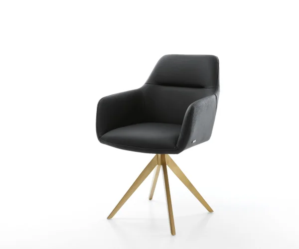 Chaise-de-salle-à-manger Pejo-Flex cuir de vache noir pied croisé angulaire or ressorts ensachés