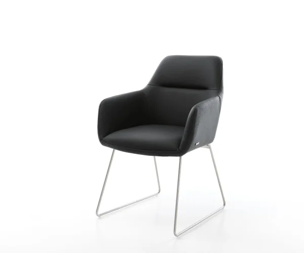 Chaise-de-salle-à-manger Pejo-Flex cuir de vache noir pied trapèze acier inoxydable brossé ressorts ensachés