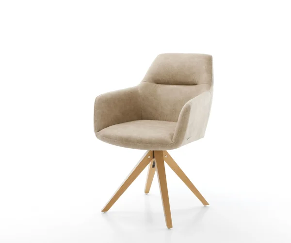 Chaise-de-salle-à-manger Pejo-Flex microvelours beige vintage pied en bois angulaire naturel ressorts ensachés