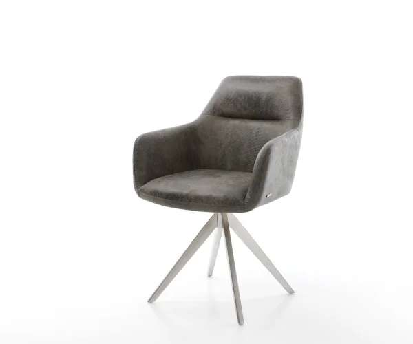 Chaise-de-salle-à-manger Pejo-Flex microvelours gris antique pied croisé angulaire acier inoxydable brossé ressorts ensachés