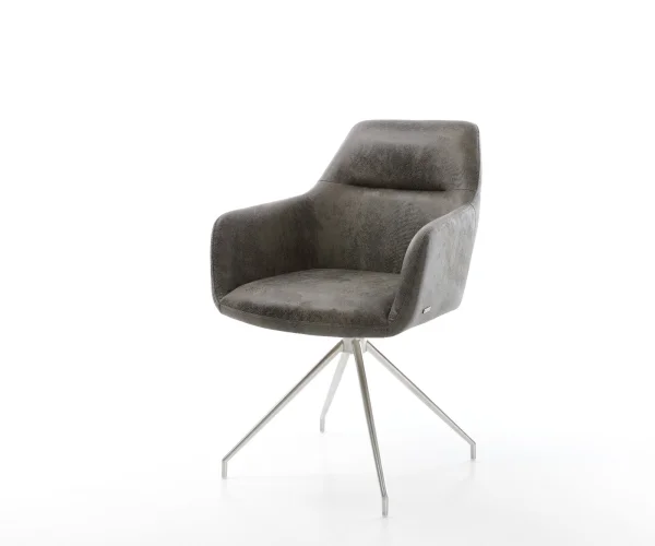 Chaise-de-salle-à-manger Pejo-Flex microvelours gris antique pied croisé conique acier inoxydable brossé ressorts ensachés