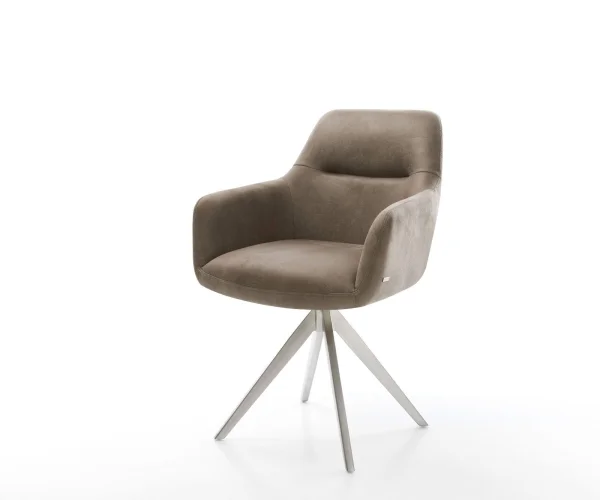 Chaise-de-salle-à-manger Pejo-Flex microvelours taupe vintage pied croisé angulaire acier inoxydable brossé ressorts ensachés