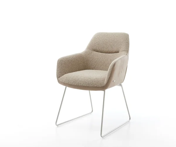 Chaise-de-salle-à-manger Pejo-Flex tissu mixte couleur boue pied trapèze acier inoxydable brossé ressorts ensachés