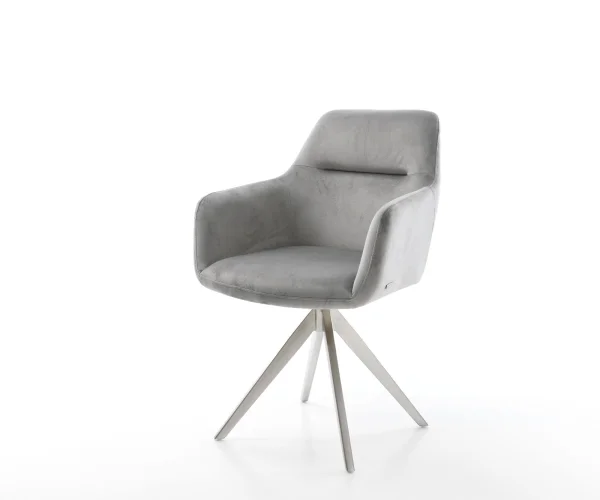 Chaise-de-salle-à-manger Pejo-Flex velours gris pied croisé angulaire acier inoxydable brossé ressorts ensachés