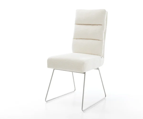 Chaise-de-salle-à-manger Pela-Flex bouclé doux beige pied trapèze acier inoxydable resorts ensachés