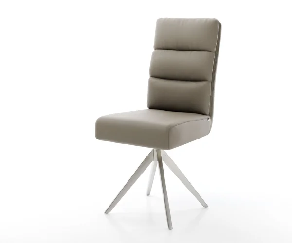 Chaise-de-salle-à-manger Pela-Flex cuir de vache couleur boue pied croisé angulaire acier inoxydable brossé ressorts ensachés