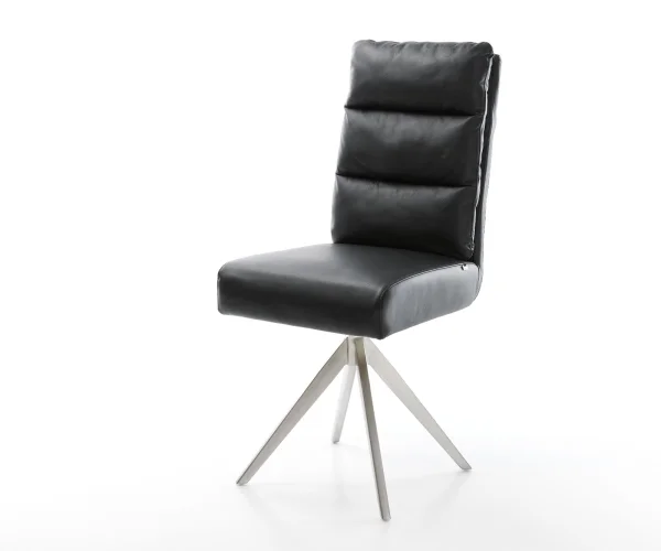 Chaise-de-salle-à-manger Pela-Flex cuir de vache noir pied croisé angulaire acier inoxydable brossé ressorts ensachés