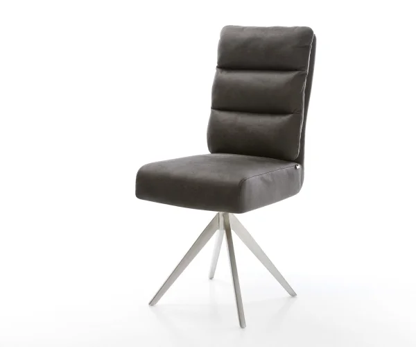 Chaise-de-salle-à-manger Pela-Flex microvelours anthracite vintage pied croisé angulaire acier inoxydable brossé ressorts ensachés