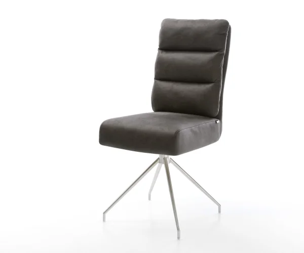 Chaise-de-salle-à-manger Pela-Flex microvelours anthracite vintage pied croisé conique acier inoxydable brossé ressorts ensachés